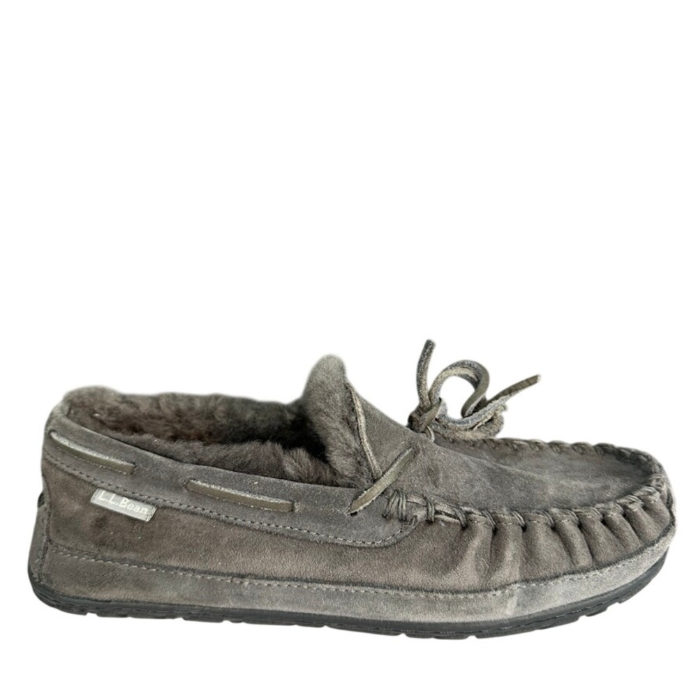LL Bean Wicked Good Moccasins Charcoal Gray Suede Shearling Slippers Women 8